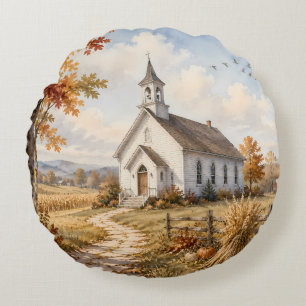 Autumn Country Church Watercolor Landscape Round Cushion