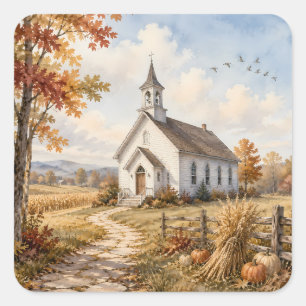 Autumn Country Church Watercolor Landscape Square Sticker
