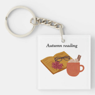 Autumn Cozy Vibes – Hot Cocoa, Book & Fall Leaves  Key Ring