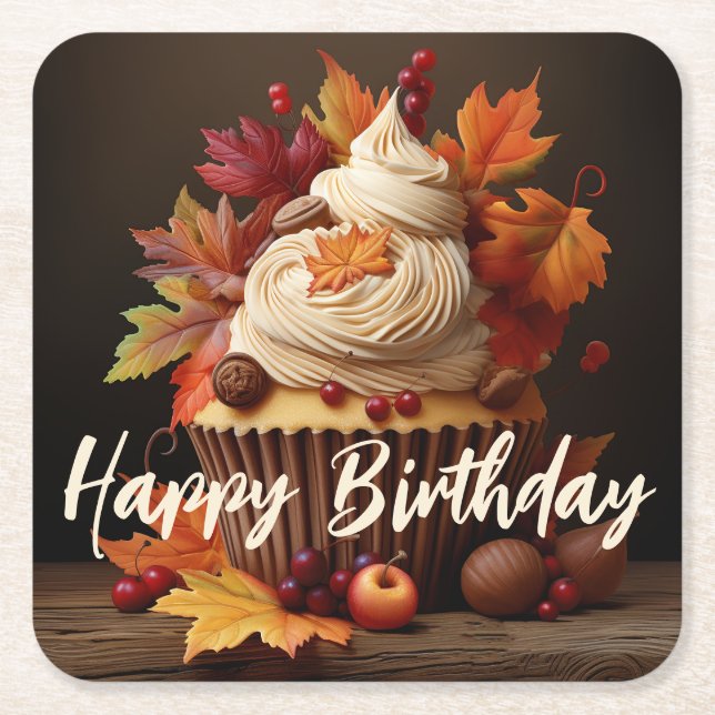 Autumn Cupcake with Colourful Fall Leaves Birthday Square Paper Coaster (Front)