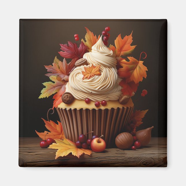 Autumn Cupcake with Colourful Fall Leaves  Magnet (Front)