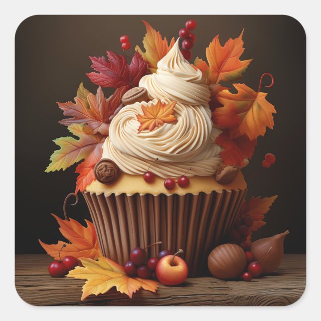 Autumn Cupcake with Colourful Fall Leaves  Square Sticker (Front)