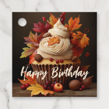 Autumn Cupcake with Fall Leaves Birthday Gift Tag