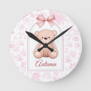 Autumn   Custom Pink Teddy Bear Nursery Design  Round Clock