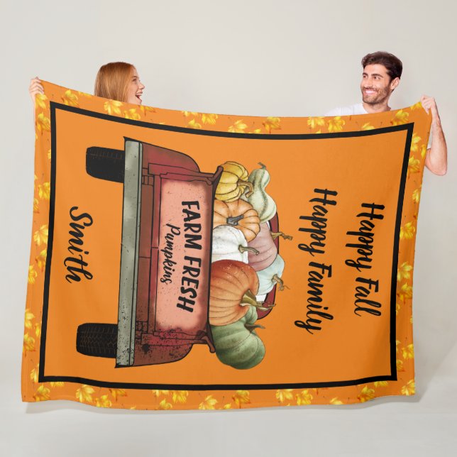 Autumn Customise Pumpkin Gold Leaves Fleece Blanket (In Situ)