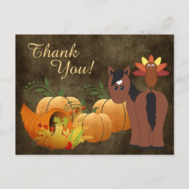 Autumn Cute Brown Horse and Turkey Thank You Holiday Postcard (Front)