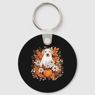 Autumn Cute Dog Ghost With Pumpkin Halloween Fall  Key Ring