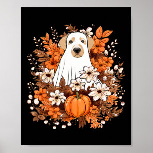 Autumn Cute Dog Ghost With Pumpkin Halloween Fall Poster