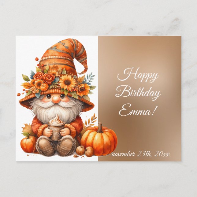 Autumn Cute Gnome Fall Leaves Birthday Postcard (Front)