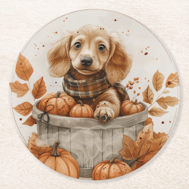 Autumn Dachshund Dogs Pumpkin Round Paper Coaster (Front)