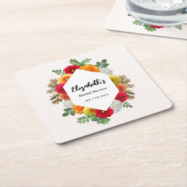 Autumn Dahlia Floral Fall Bridal Shower Square Paper Coaster (Angled)
