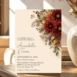 Autumn Dahlia Floral Rust & Burgundy Fall Flowers Invitation