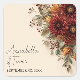 Autumn Dahlia Floral Rust & Burgundy Fall Flowers Square Sticker