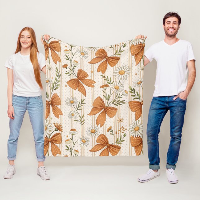 Autumn Daisy and Bow Floral Pattern Fleece Blanket (In Situ)