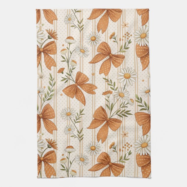 Autumn Daisy and Bow Floral Pattern Tea Towel (Vertical)