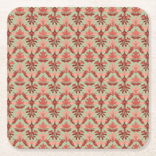 Autumn Damask Square Paper Coaster (Front)