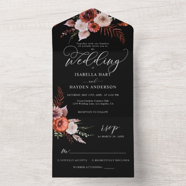 Autumn Dark Moody Floral Burnt Orange Wedding All In One Invitation (Inside)