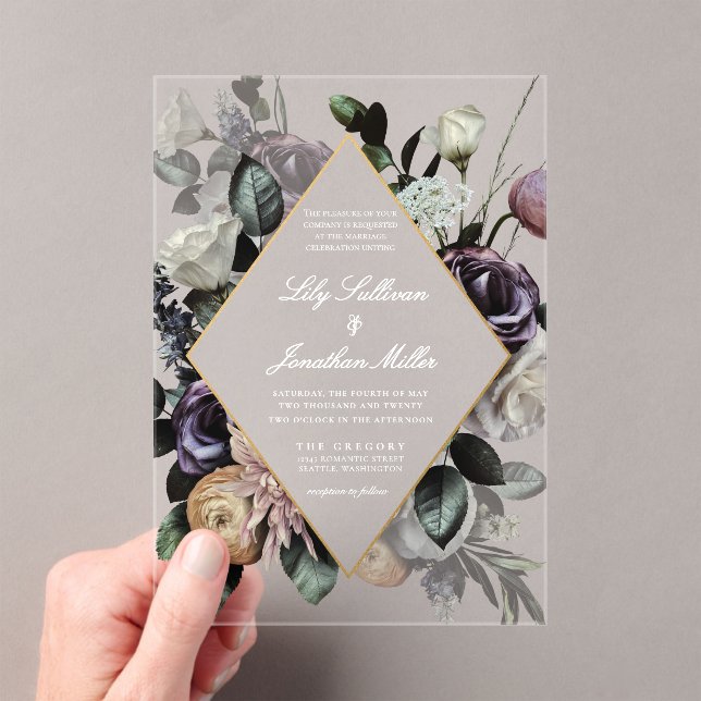 Autumn Dark Moody Floral Frame Purple Wedding Acrylic Invitations (Insitu (Handheld))