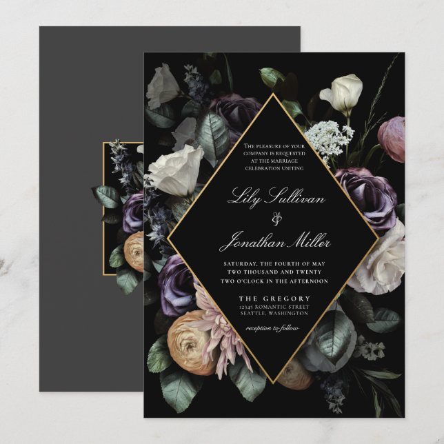 Autumn Dark Moody Floral Frame Purple Wedding Invitation (Front/Back)