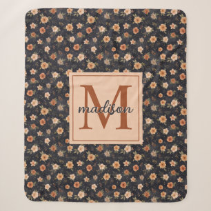 Autumn Dark Moody Terracotta Floral Monogram Name Sherpa Blanket