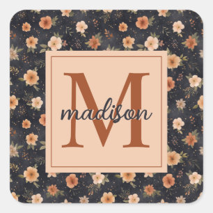 Autumn Dark Moody Terracotta Floral Monogram Name Square Sticker