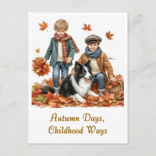 Autumn Days Kids and Border Collie Postcard