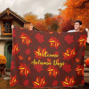 Autumn Days Red Leaves Illustrated Pattern Fleece Blanket