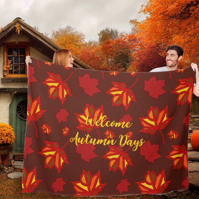 Autumn Days Red Leaves Illustrated Pattern Fleece Blanket (Creator Uploaded)
