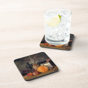 Autumn Decorations on Table, Pumpkin, Fruit, Drink Coaster