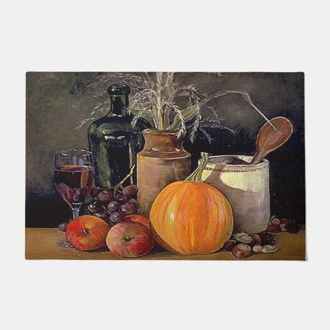 Autumn Decorations on Table, Pumpkin, Fruit, Drink Doormat (Front)