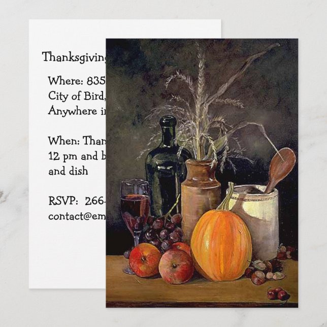 Autumn Decorations on Table, Pumpkin, Fruit, Drink Invitation (Front/Back)