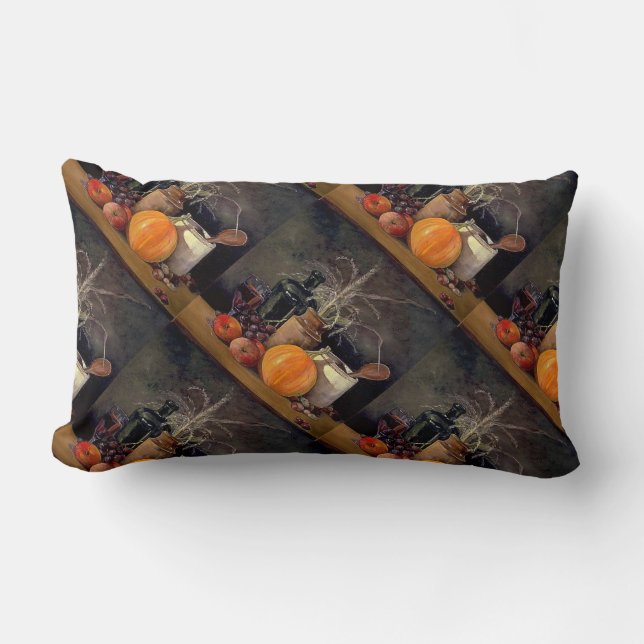 Autumn Decorations on Table, Pumpkin, Fruit, Drink Lumbar Cushion (Front)