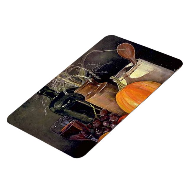 Autumn Decorations on Table, Pumpkin, Fruit, Drink Magnet (Left Side)