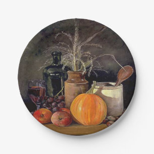 Autumn Decorations on Table, Pumpkin, Fruit, Drink Paper Plate