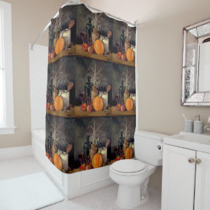 Autumn Decorations on Table, Pumpkin, Fruit, Drink Shower Curtain