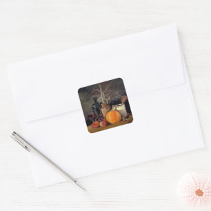 Autumn Decorations on Table, Pumpkin, Fruit, Drink Square Sticker