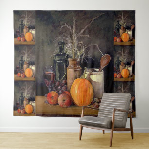 Autumn Decorations on Table, Pumpkin, Fruit, Drink Tapestry