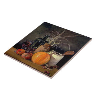 Autumn Decorations on Table, Pumpkin, Fruit, Drink Tile