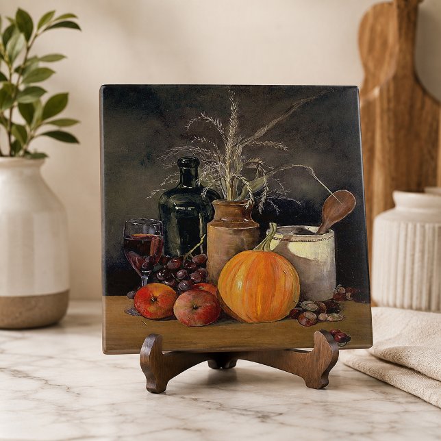 Autumn Decorations on Table, Pumpkin, Fruit, Drink Tile (Autumn Decorations on Table, Pumpkin, Fruit, Drink Ceramic Tile)
