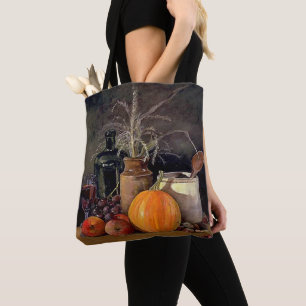 Autumn Decorations on Table, Pumpkin, Fruit, Drink Tote Bag