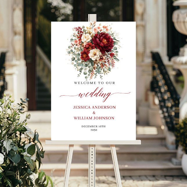 Autumn Deep Red Floral Boho Eucalyptus Welcome  Poster (Autumn Deep Red Floral Boho Eucalyptus Welcome Sign

)