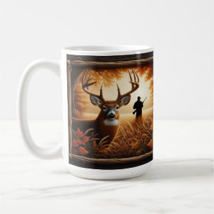 Autumn Deer and Hunter Silhouette in Forest Coffee Mug