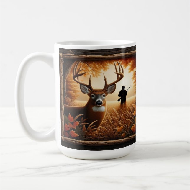Autumn Deer and Hunter Silhouette in Forest Coffee Mug (Left)