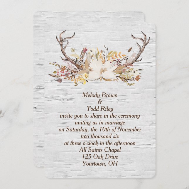 Autumn Deer Antler Bouquet on Birch Invitation (Front/Back)