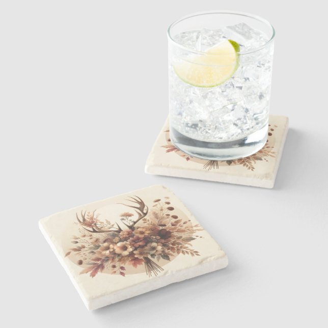 Autumn Deer Antler Bouquet Stone Coaster (Side)