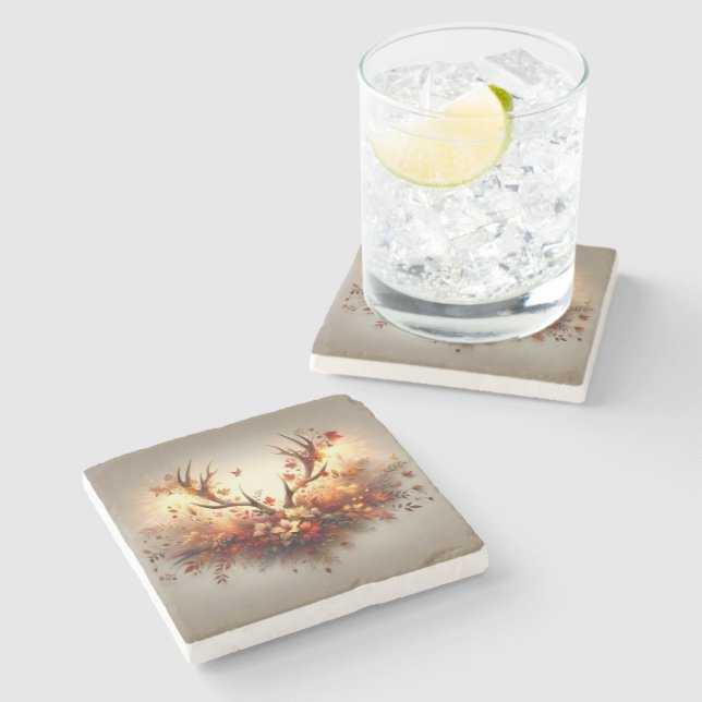 Autumn Deer Antler Bouquet Stone Coaster (Side)