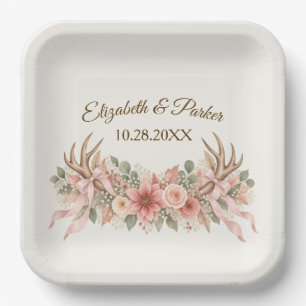 Autumn Deer Antlers with Pink Roses Paper Plate