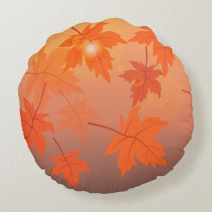 Autumn design with maple leaves and bokeh effect round cushion