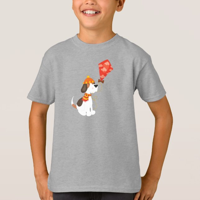Autumn Dog, Cute Dog, Dog With Kite, Scarf, Hat T-Shirt (Front)