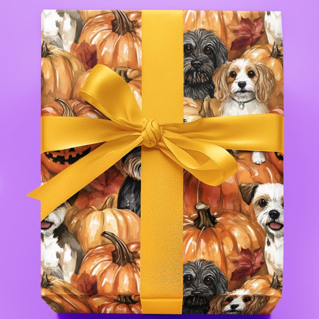 Autumn Dogs in a Pumpkin Patch Halloween Wrapping Paper (Creator Uploaded)